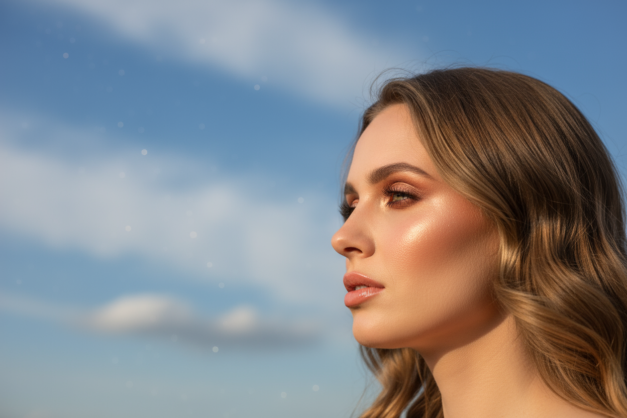 met un ciel d'été avec une femme maquillé de profil droit