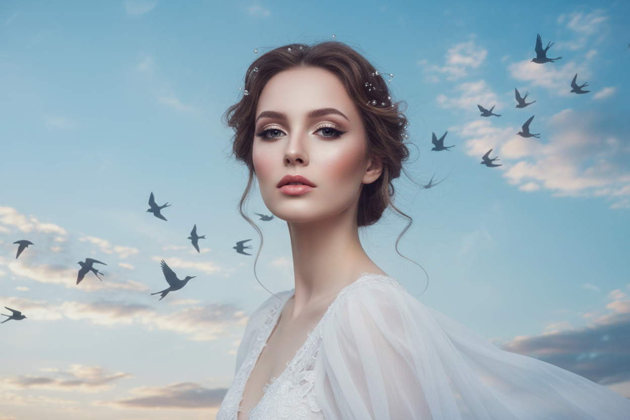 met une femme maquillée sur un ciel avec des oiseaux